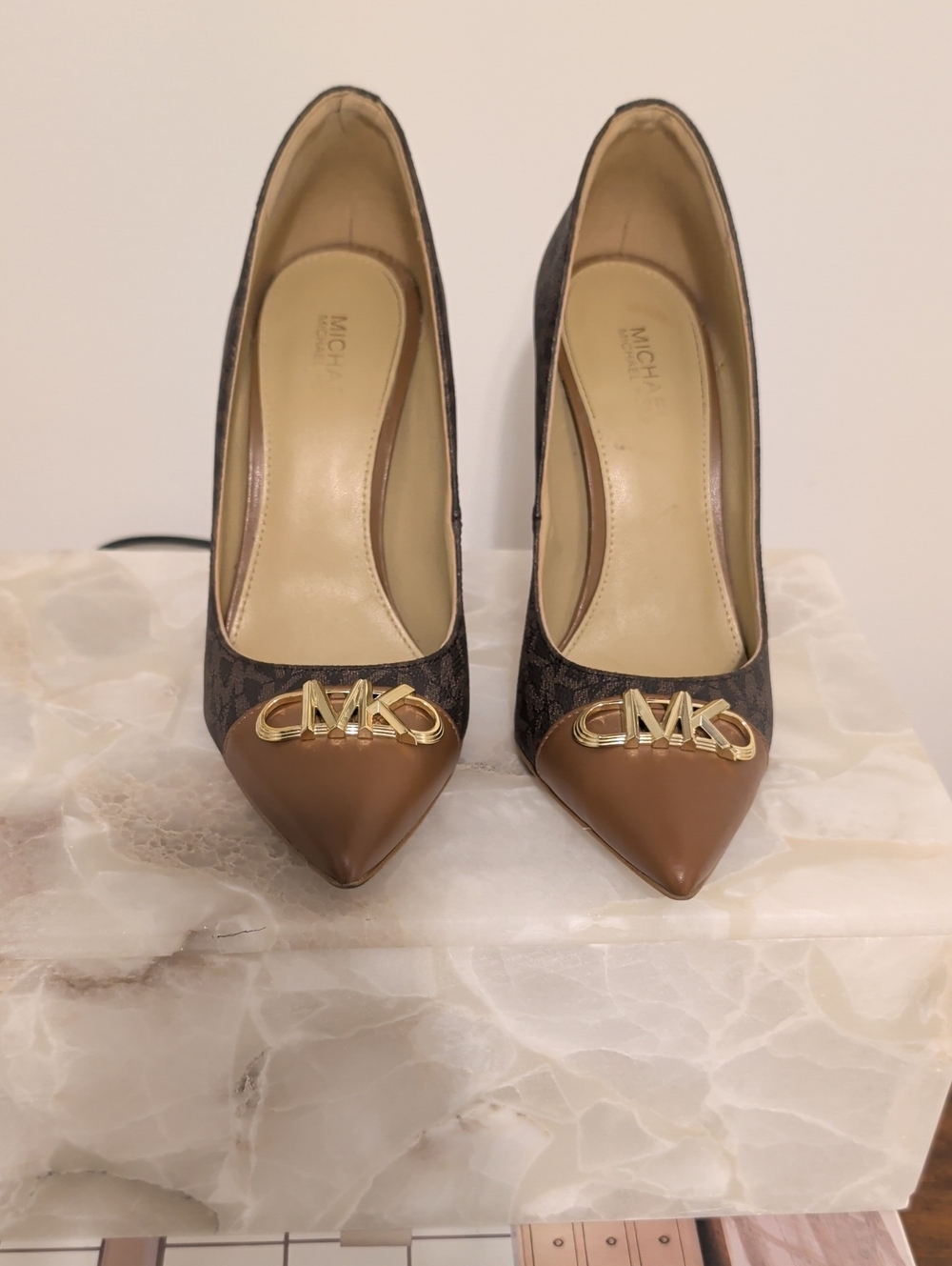 Michael Kors Brown Logo-Trim Pointed Toe 4-Inch Pumps
